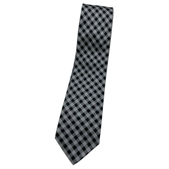 HUGO BOSS Men's 100% Silk Necktie LUXURY Tie Black Gray Tartan W:3" EUC